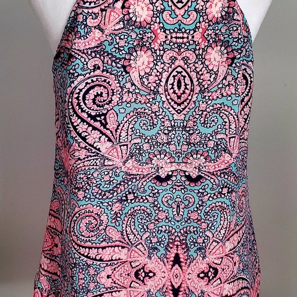 3/$15 Women's Halter Blouse Racer Back Pink & Teal Blue Paisley Beachy - Picture 6 of 6